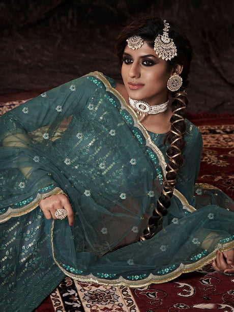 Dark Firozi Net Embroidered Sharara Suit - Vamzn#