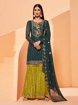 Dark Green Heavy Embroidered Sharara Suit - Vamzn#