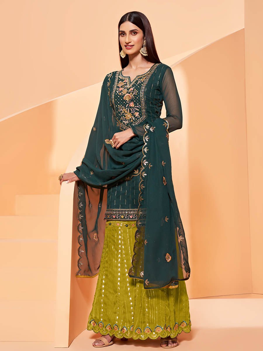 Dark Green Heavy Embroidered Sharara Suit - Vamzn#