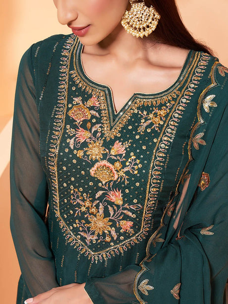 Dark Green Heavy Embroidered Sharara Suit - Vamzn#