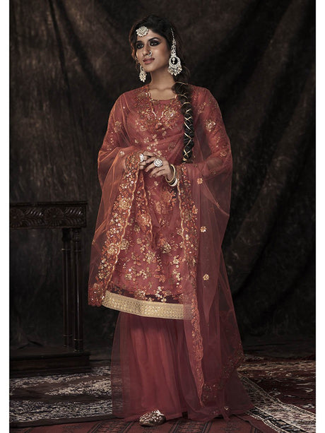 Dark Orange Net Embroidered Sharara Suit - Vamzn#