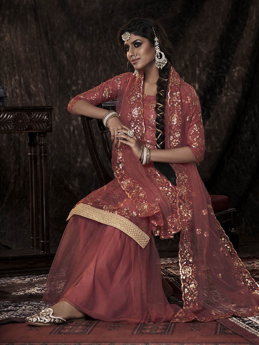 Dark Orange Net Embroidered Sharara Suit - Vamzn#