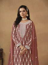 Dark Peach Georgette Embroidered Palazo Suit - Vamzn#