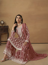 Dark Peach Georgette Embroidered Palazo Suit - Vamzn#