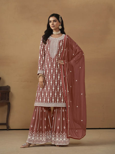 Dark Peach Georgette Embroidered Palazo Suit - Vamzn#