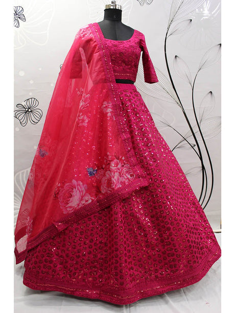 Deep Pink Art Silk Embroidered Designer Lehenga - Vamzn#