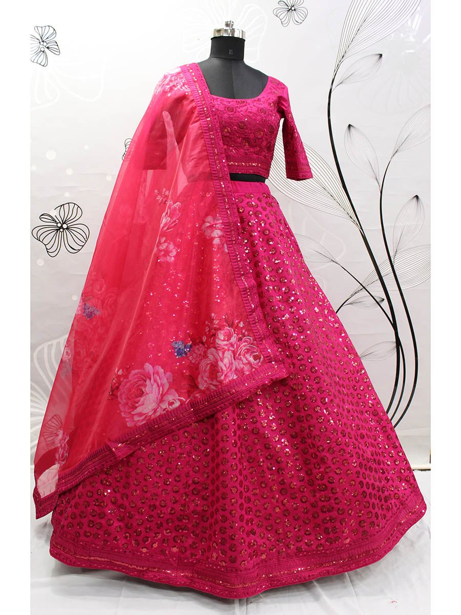 Deep Pink Art Silk Embroidered Designer Lehenga - Vamzn#