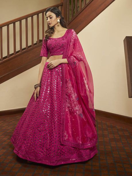 Deep Pink Art Silk Embroidered Designer Lehenga - Vamzn#