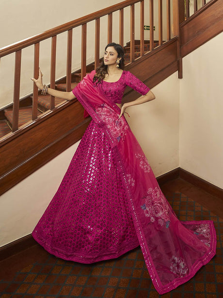 Deep Pink Art Silk Embroidered Designer Lehenga - Vamzn#