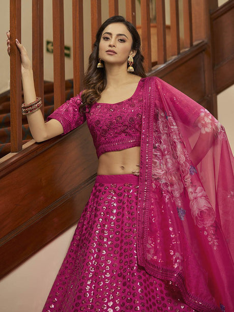 Deep Pink Art Silk Embroidered Designer Lehenga - Vamzn#