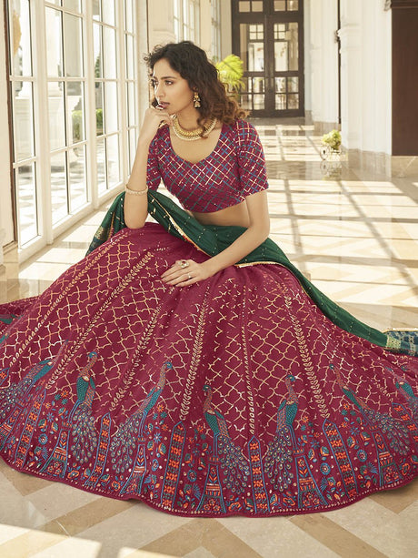 Deep Pink & Green Georgette Embroidered Designer Lehenga - Vamzn#