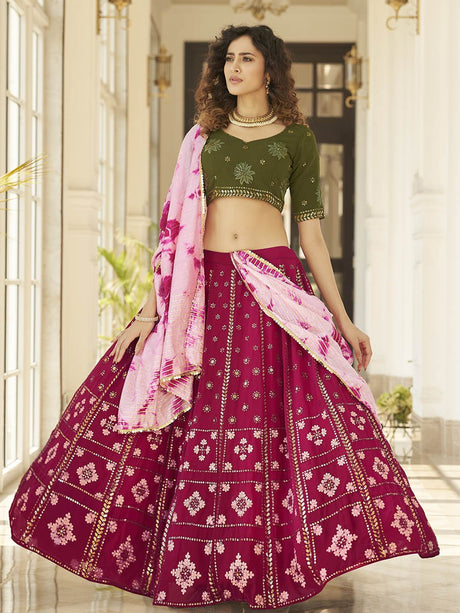 Deep Pink & Olive Green Pink Georgette Embroidered Designer Lehenga - Vamzn#