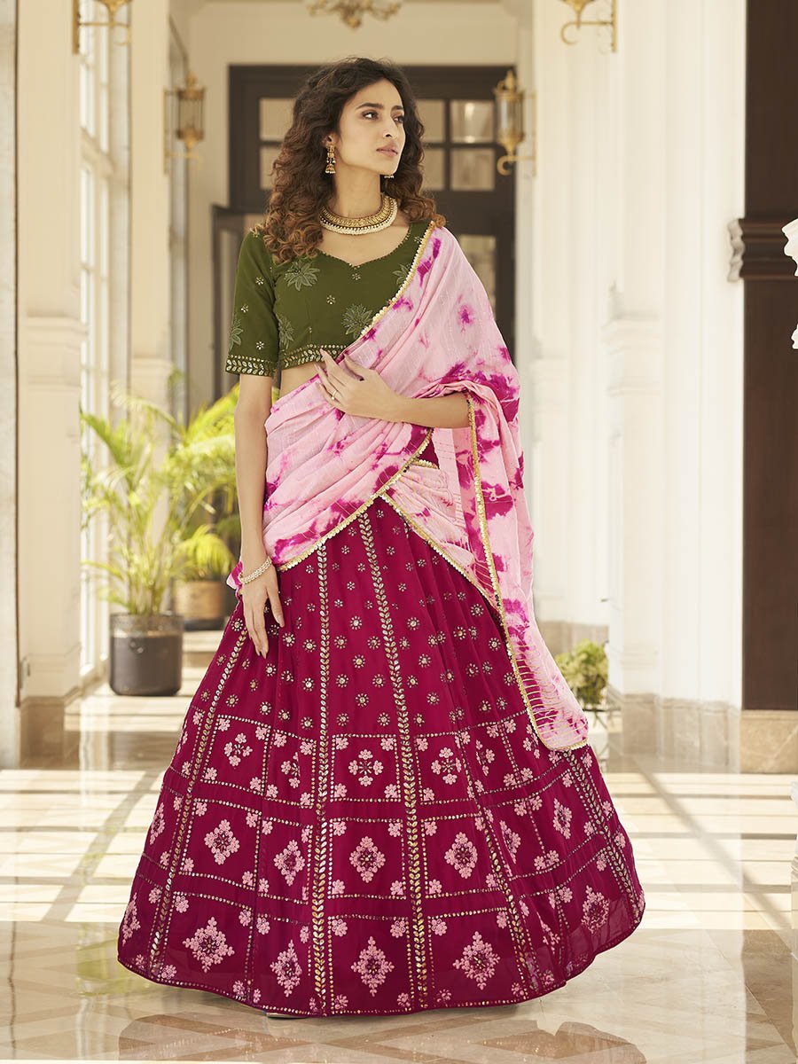 Deep Pink & Olive Green Pink Georgette Embroidered Designer Lehenga - Vamzn#