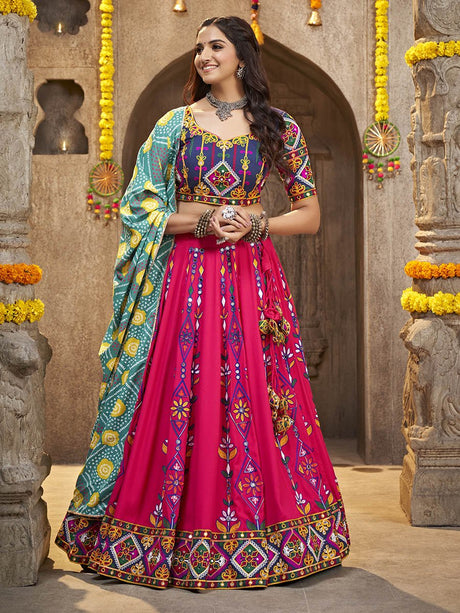 Deep Pink Viscose Rayon and Cotton Embroidered with Print Designer Lehenga - Vamzn#