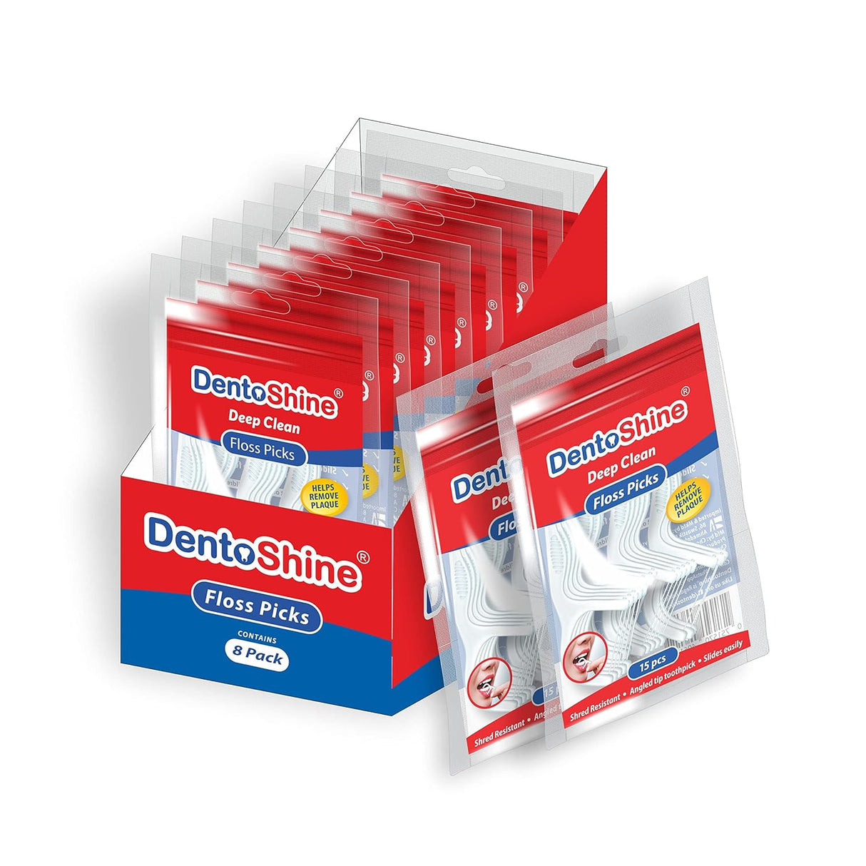 DentoShine Deep Clean Floss Picks - 15 ct Resealable Poly Bag (Pack of 8) - Vamzn#