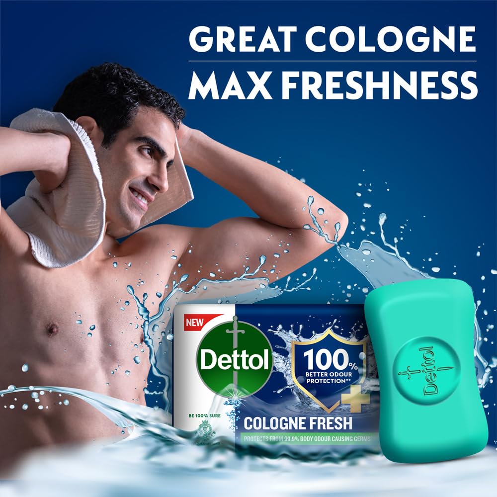 Dettol Cologne Fresh Bathing Soap Bar with 100% better odour protection - 100g Pack of 4, (400gm) - Vamzn#