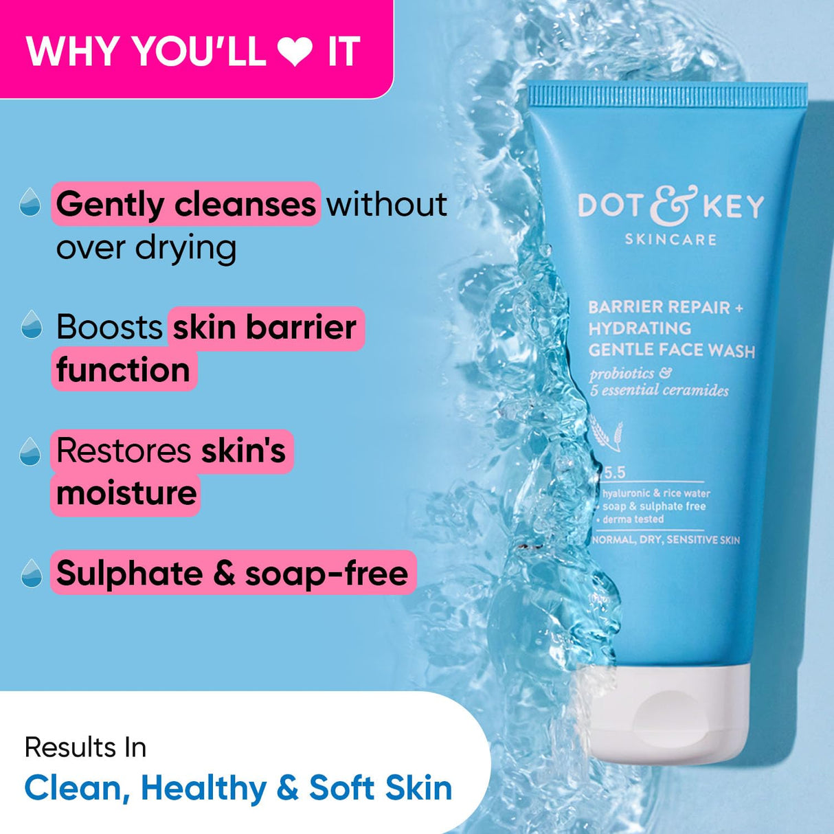 DOT & KEY Barrier Repair + Hydrating Gentle Face Wash With Probiotic|Ceremide Face Wash|Face Wash For Dry Skin,Normal Skin&Sensitive Skin|Gently Cleanses Skin From Dirt&Oil For Unisex,100Ml - Vamzn#