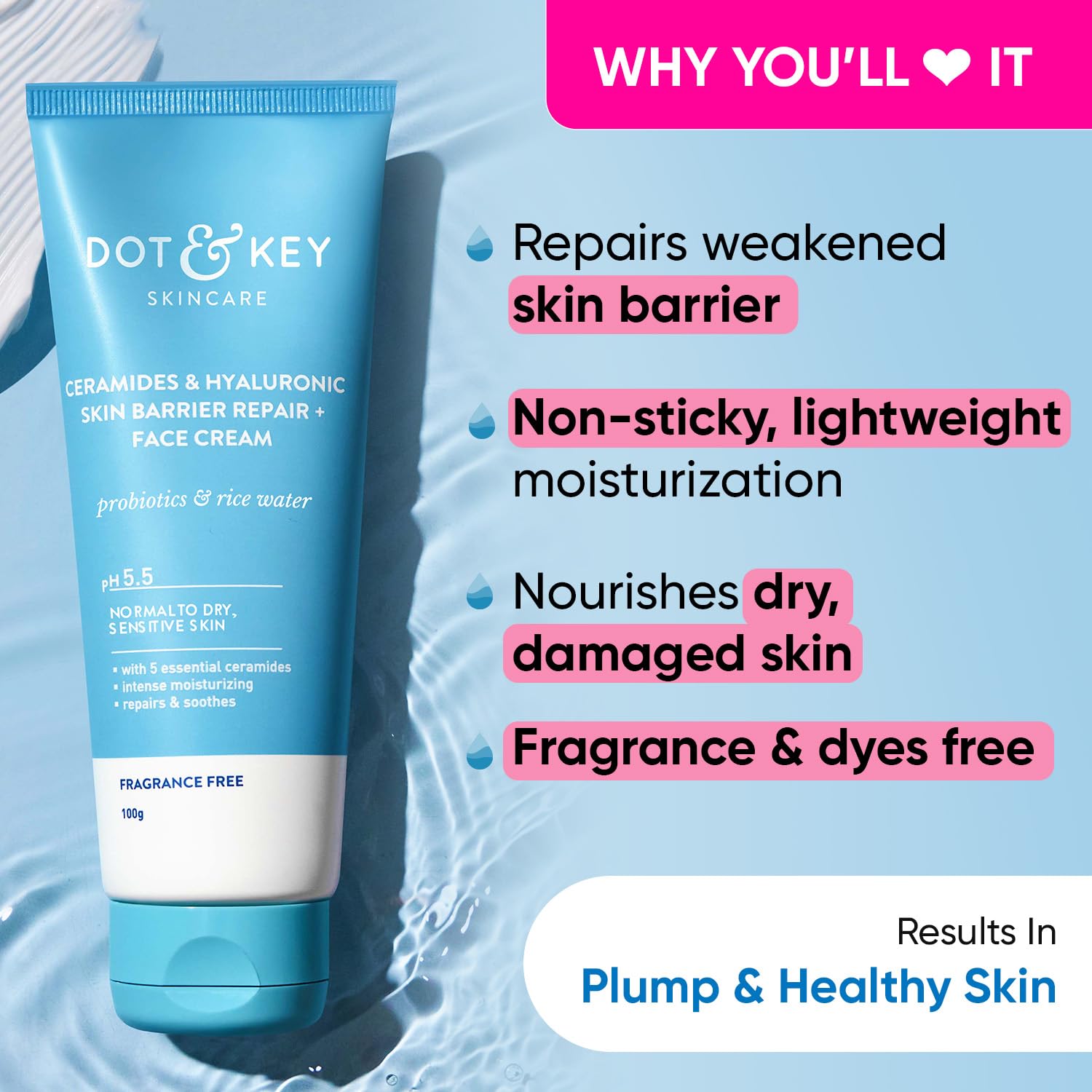 Dot & Key Ceramides Moisturizer with Hyaluronic for Intense Moisturizing and Skin Strengthening | With Probiotic & Rice Water I Barrier Repair Cream | For Dry Skin, Normal Skin & Sensitive Skin | 100g - Vamzn#