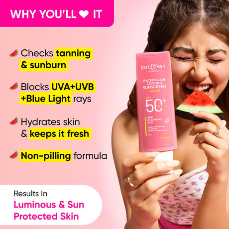 Dot & Key Watermelon Hyaluronic Cooling Sunscreen SPF 50 PA+++| for Oily, Normal & Combination Skin | UV + Blue Light Protection | Lightweight | No White Cast | Boosts Vitamin D Absorption | 50g… - Vamzn#