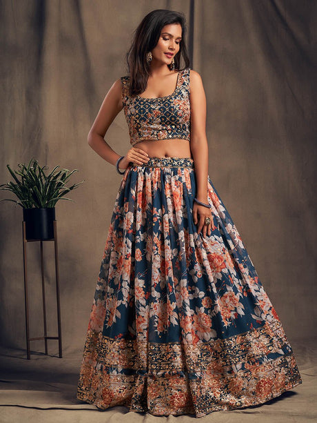 Dove Blue Organza Silk Embroidered Lehenga - Vamzn#