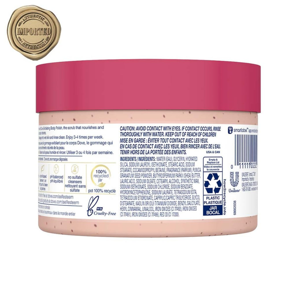 Dove Body Polish Exfoliating Scrub, Moisturizing Shea Butter and Pomegranate Seeds | Nourishes & Conditions Soft Skin | Sulphate Free, 298gm - Vamzn#