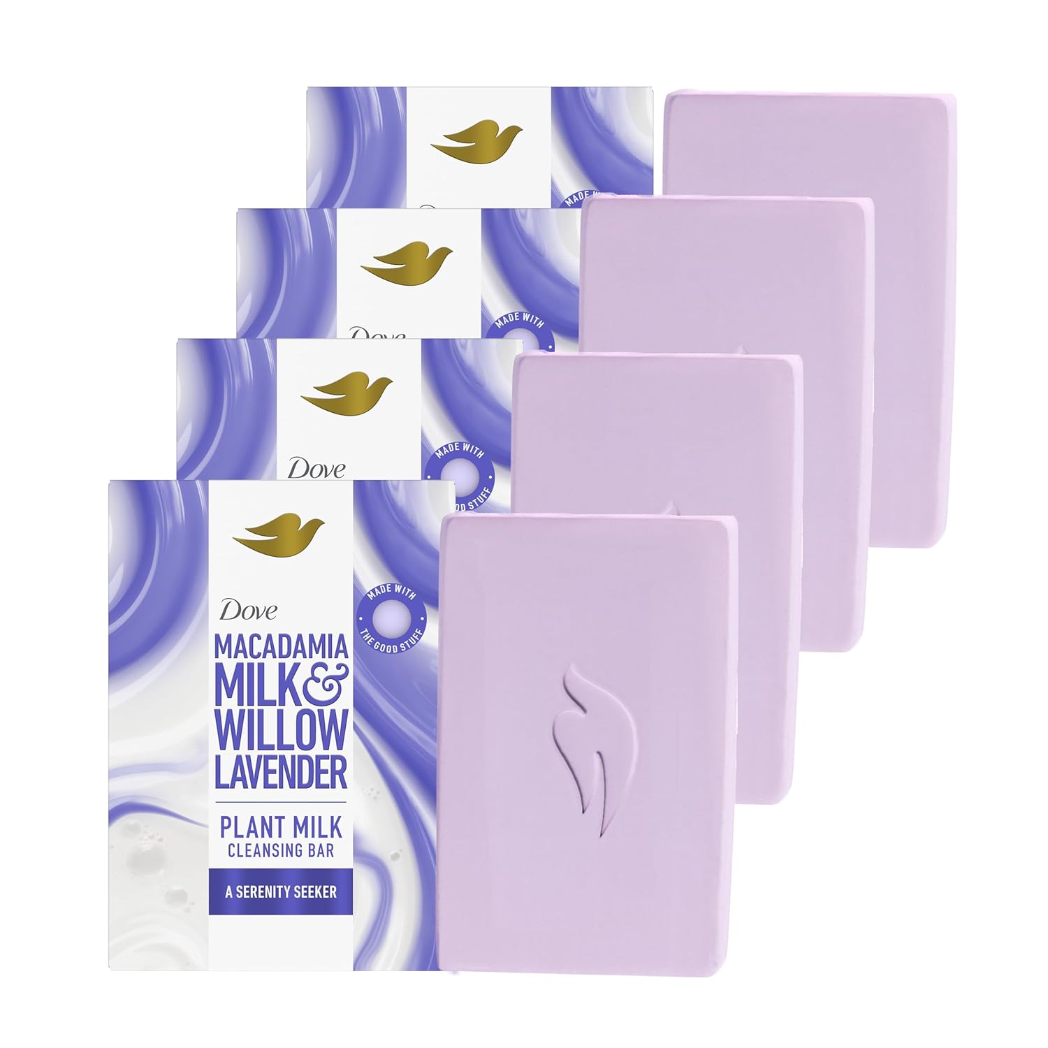 Dove Plant Milk Cleansing Bar Soap Macadamia Milk & Willow Lavender 4 Count for Moisturized Skin Gentle Cleanser, No Sulfate Cleansers or Parabens, 98% Biodegradable Formula 5 oz - Vamzn#