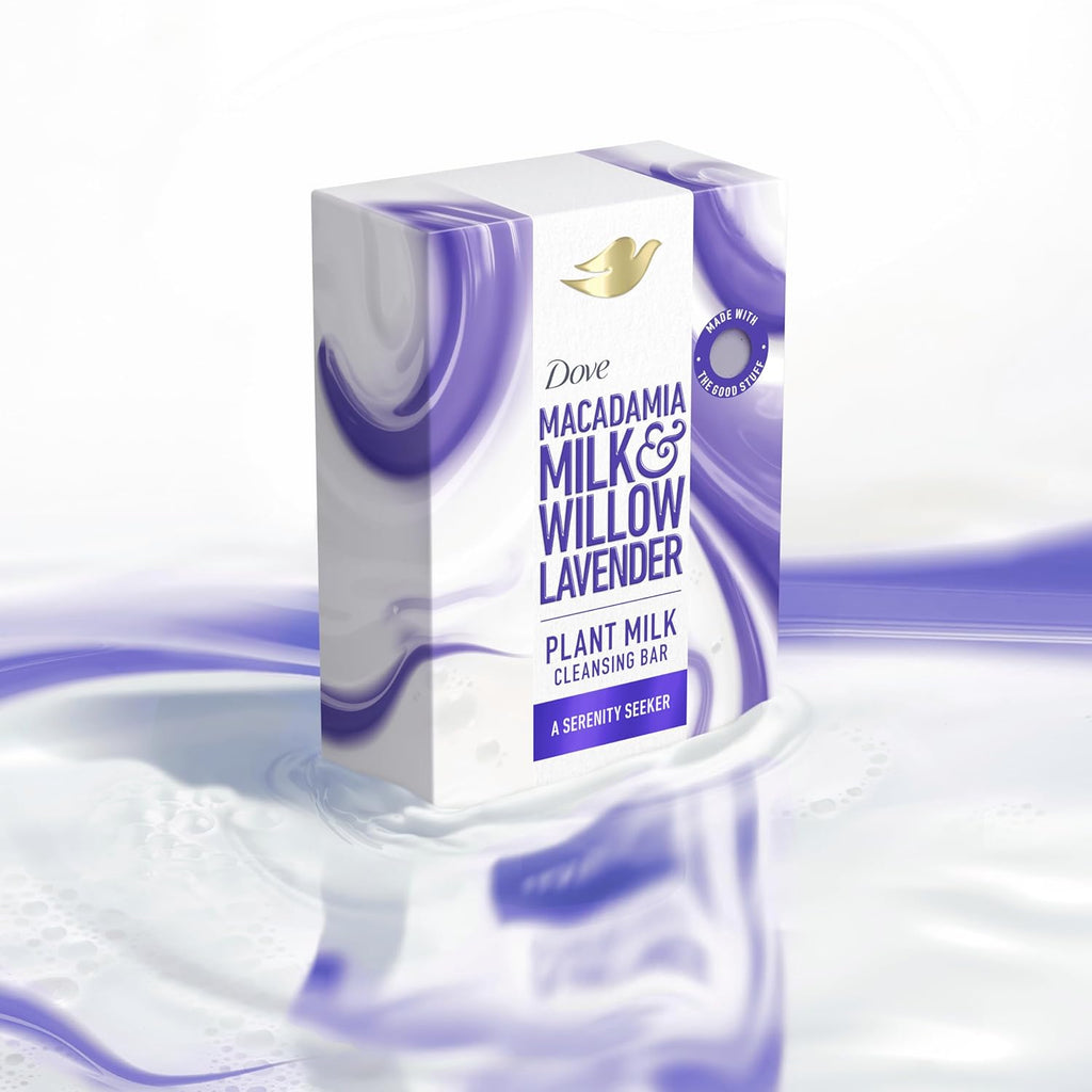 Dove Plant Milk Cleansing Bar Soap Macadamia Milk & Willow Lavender 4 Count for Moisturized Skin Gentle Cleanser, No Sulfate Cleansers or Parabens, 98% Biodegradable Formula 5 oz - Vamzn#