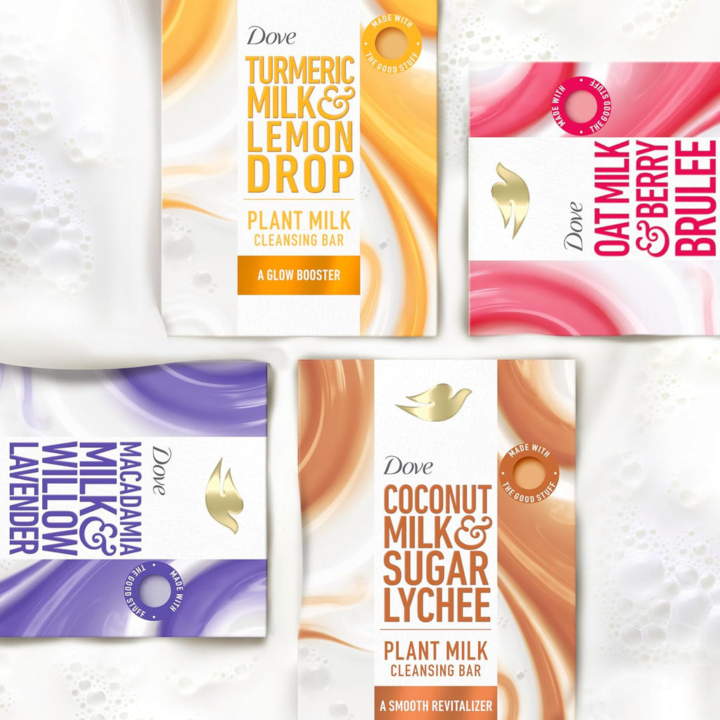 Dove Plant Milk Cleansing Bar Soap Variety Pack 4 for Moisturized Skin, with Gentle Cleansers, No Sulfate Cleansers or Parabens, 98% Biodegradable Formula, 5 oz - Vamzn#
