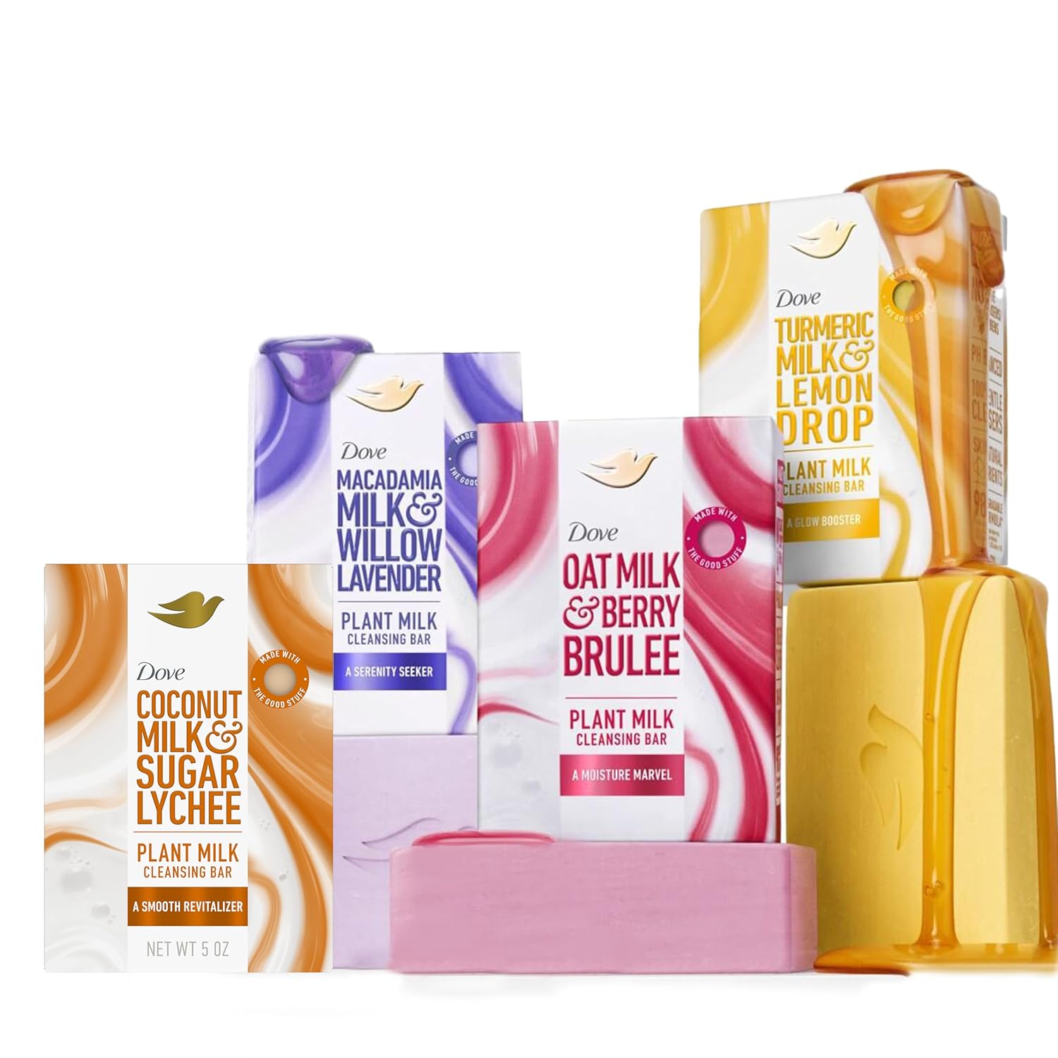 Dove Plant Milk Cleansing Bar Soap Variety Pack 4 for Moisturized Skin, with Gentle Cleansers, No Sulfate Cleansers or Parabens, 98% Biodegradable Formula, 5 oz - Vamzn#