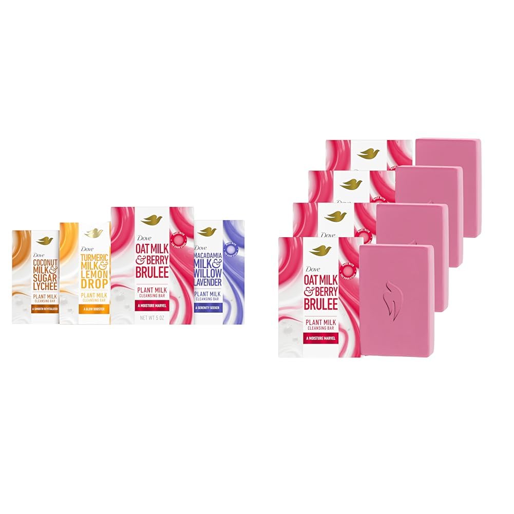 Dove Plant Milk Cleansing Bar Soap Variety Pack 4 for Moisturized Skin, with Gentle Cleansers, No Sulfate Cleansers or Parabens, 98% Biodegradable Formula, 5 oz - Vamzn#