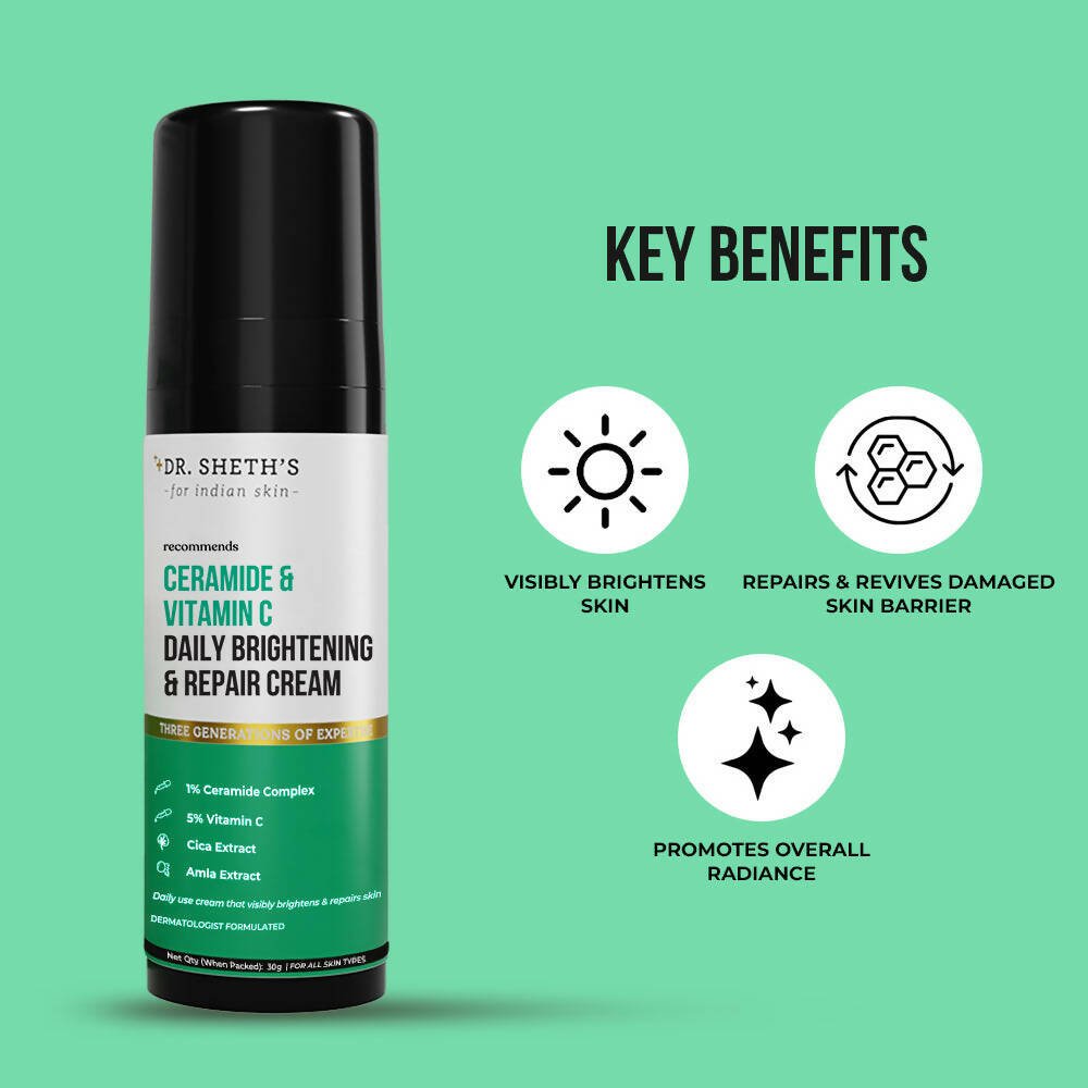 Dr. Sheth's Ceramide & Vitamin C Daily Brightening & Repair Face Cream With 5% Vitamin C, Cica & Amla, Brightens & Repairs Skin - Vamzn#