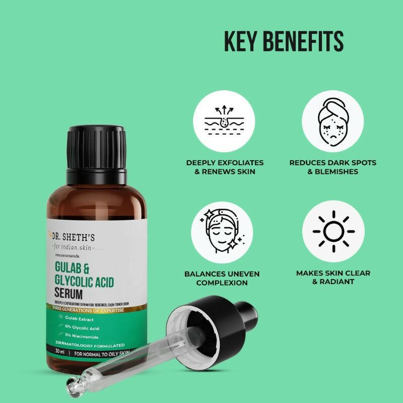 Dr. Sheth's Gulab & Glycolic Acid Face Serum with 5% Niacinamide, Skin Texture & Uneven Skin, For Normal to Oily Skin - Vamzn#