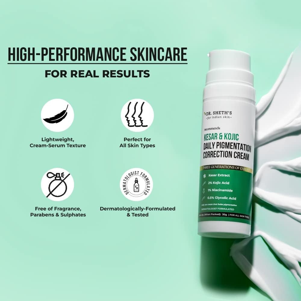 Dr. Sheth's Kesar & Kojic Daily Pigmentation Correction Face Cream With 1% Niacinamide, Removes Tan & Depigments Skin - Vamzn#