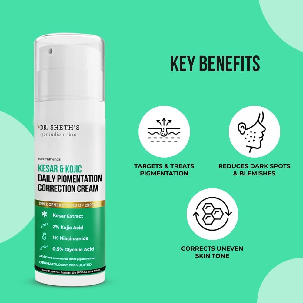 Dr. Sheth's Kesar & Kojic Daily Pigmentation Correction Face Cream With 1% Niacinamide, Removes Tan & Depigments Skin - Vamzn#