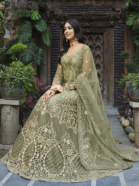 Dusty Beige Butterfly Net Heavy Embroidered Designer Anarkali Suit - Vamzn#