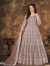 Dusty Brown Butterfly Net Embroidered Anarkali Suit - Vamzn#