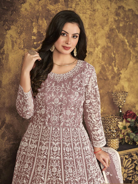 Dusty Brown Butterfly Net Embroidered Anarkali Suit - Vamzn#