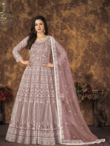 Dusty Brown Butterfly Net Embroidered Anarkali Suit - Vamzn#