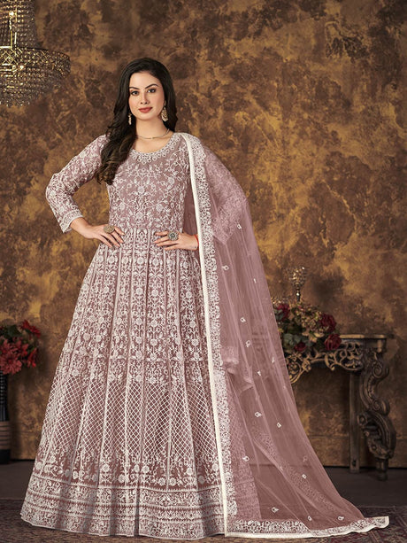 Dusty Brown Butterfly Net Embroidered Anarkali Suit - Vamzn#