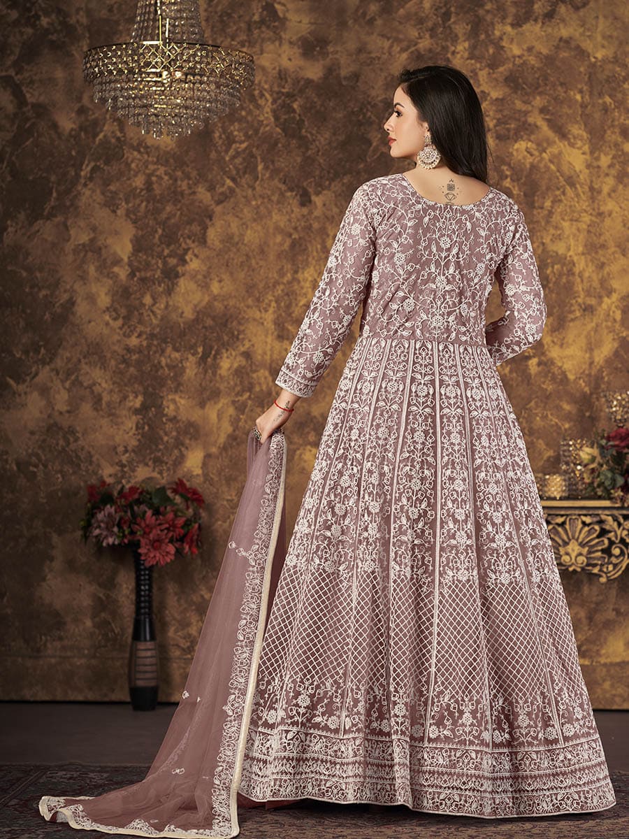 Dusty Brown Butterfly Net Embroidered Anarkali Suit - Vamzn#