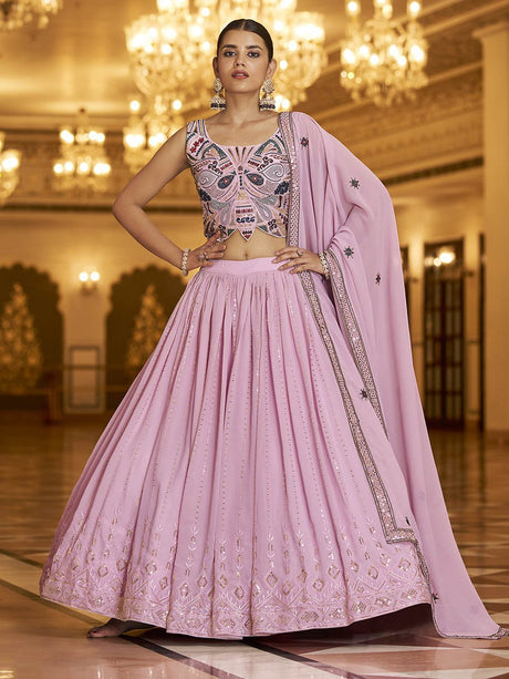 Dusty Gorgette Embroidered Designer Lehenga Choli - Vamzn#