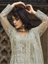 Dusty Grey Butterfly Net Heavy Embroidered Designer Anarkali Suit - Vamzn#