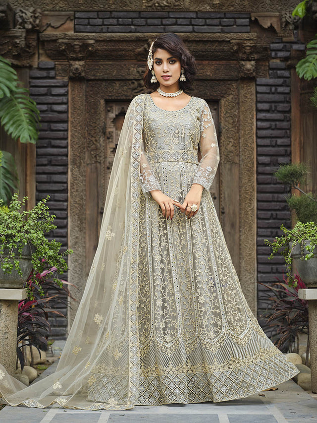 Dusty Grey Butterfly Net Heavy Embroidered Designer Anarkali Suit - Vamzn#