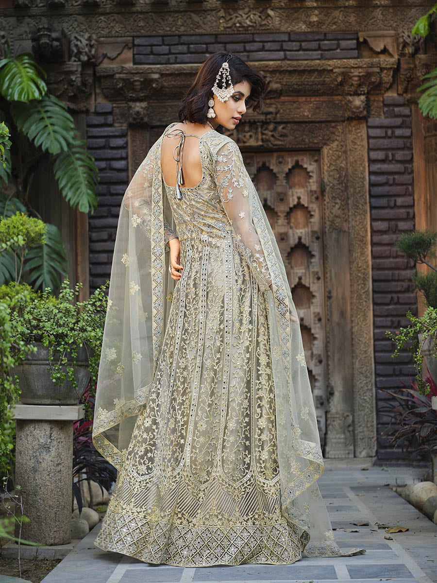 Dusty Grey Butterfly Net Heavy Embroidered Designer Anarkali Suit - Vamzn#