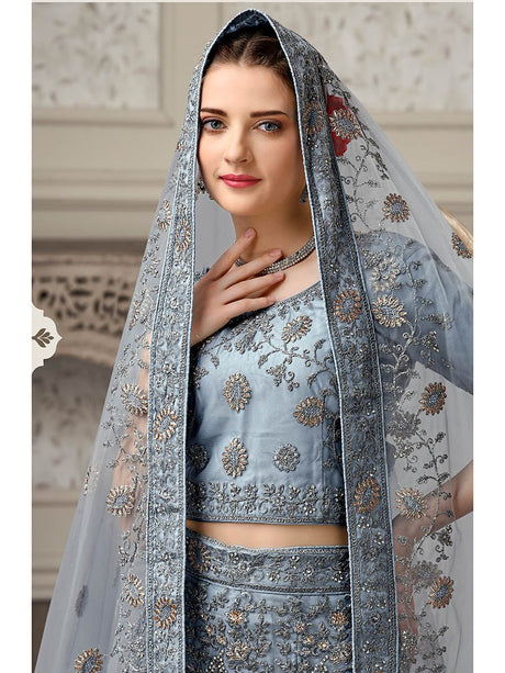 Dusty Grey Net Heavy Embroidered Lehenga Choli - Vamzn#