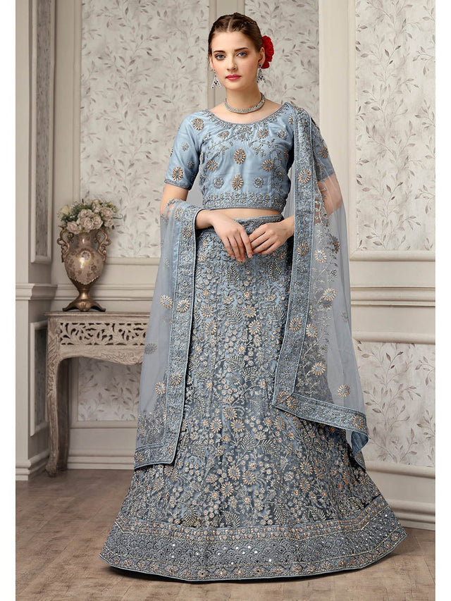 Dusty Grey Net Heavy Embroidered Lehenga Choli - Vamzn#