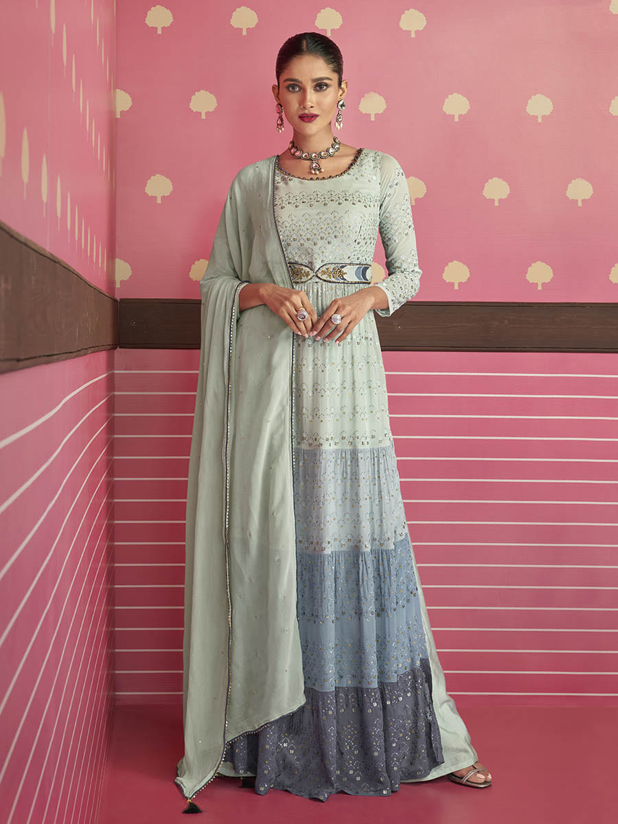 Dusty Grey Real Georgette Designer Suit - Vamzn#