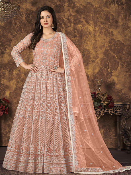 Dusty Peach Butterfly Net Embroidered Anarkali Suit - Vamzn#