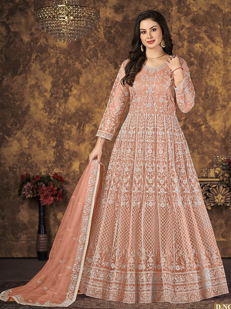 Dusty Peach Butterfly Net Embroidered Anarkali Suit - Vamzn#