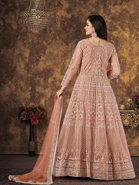 Dusty Peach Butterfly Net Embroidered Anarkali Suit - Vamzn#